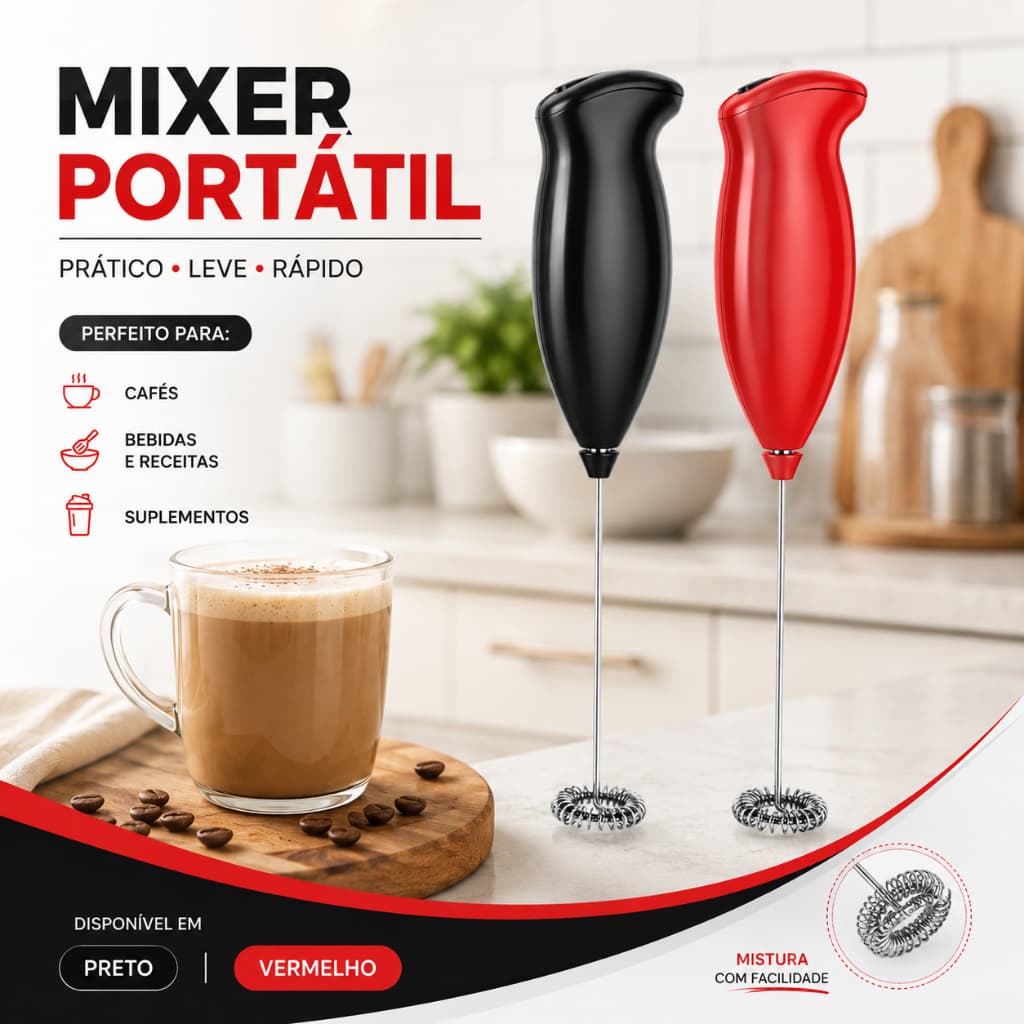 Mixer Portátil Elétrico Batedor Espumador de Leite Café Cappuccino e Bebidas a Pilha