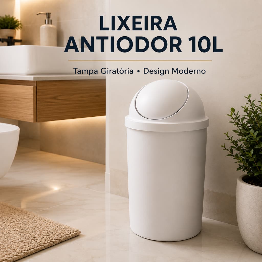 Lixeira Antiodor 10 Litros com Tampa Giratória Branca para Banheiro Cozinha Escritório