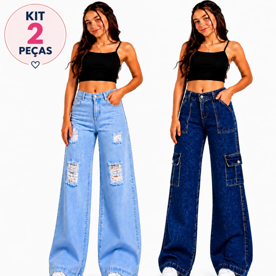 kit 2 calças jeans feminina wide leg pantalona e cargo 2 bolsos laterais do 10 ao 16