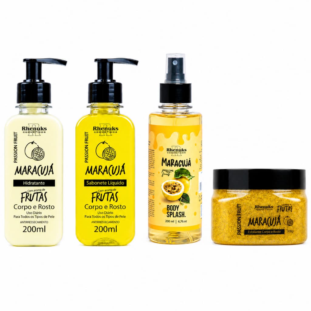 Kit 4 Itens Maracujá Rhenuks Hidratante Sabonete Body Splash Esfoliante Corpo e Rosto