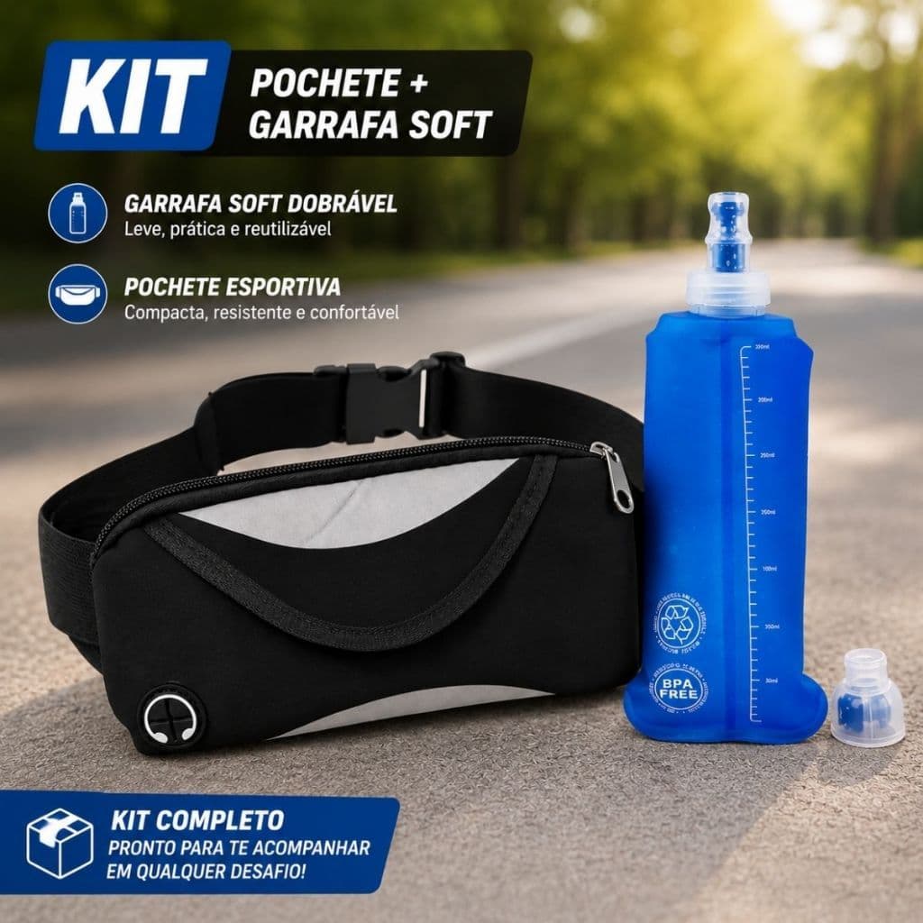 Pochete Espotiva Corrida Unissex + Garrafa Soft Dobrável 250ml Porta Celular Prova Dágua Antifurto