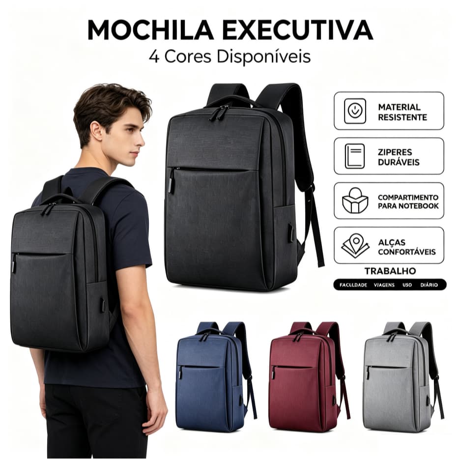 Mochila Impermeável com USB para Notebook 15.6" Masculina Feminina sem Power Bank