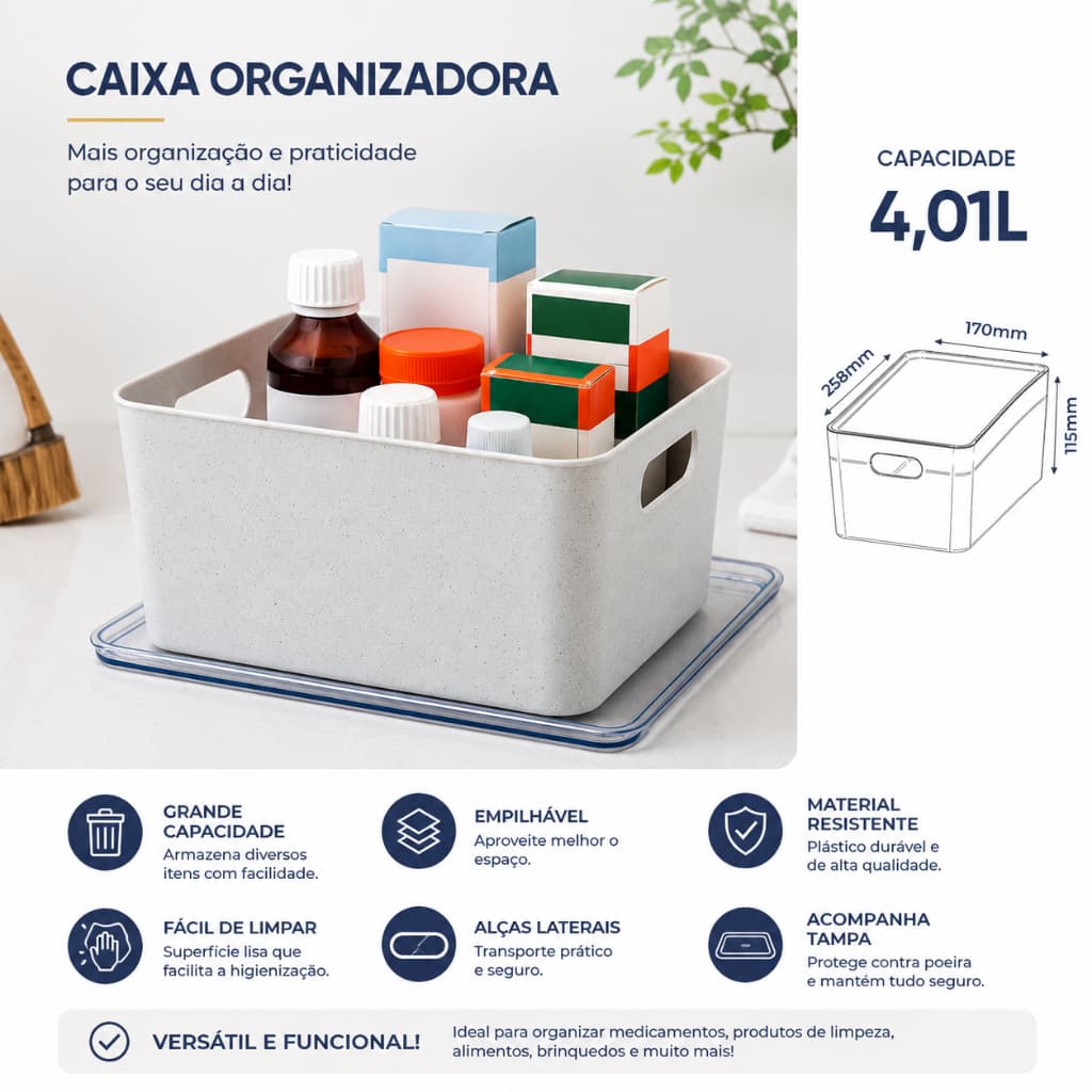 CAIXA ORGANIZADORA 4L COM TAMPA IDEAL PARA BANHEIRO COZINHA GELADEIRA EMPILHAVEL RESISTENTE CASA ORGANIZADA LUXO