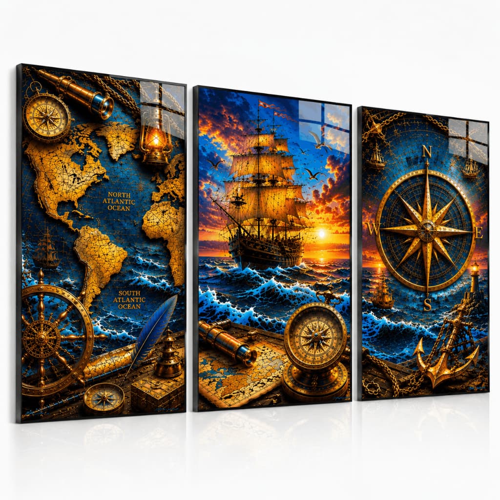 Kit 3 Quadros Decorativos Navio Bússola Mapa Náutico Mar Aventura Vintage para Sala