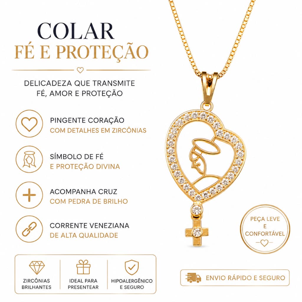 Colar Nossa Senhora com Coração Folheado a Ouro – Fé, Amor e Proteção