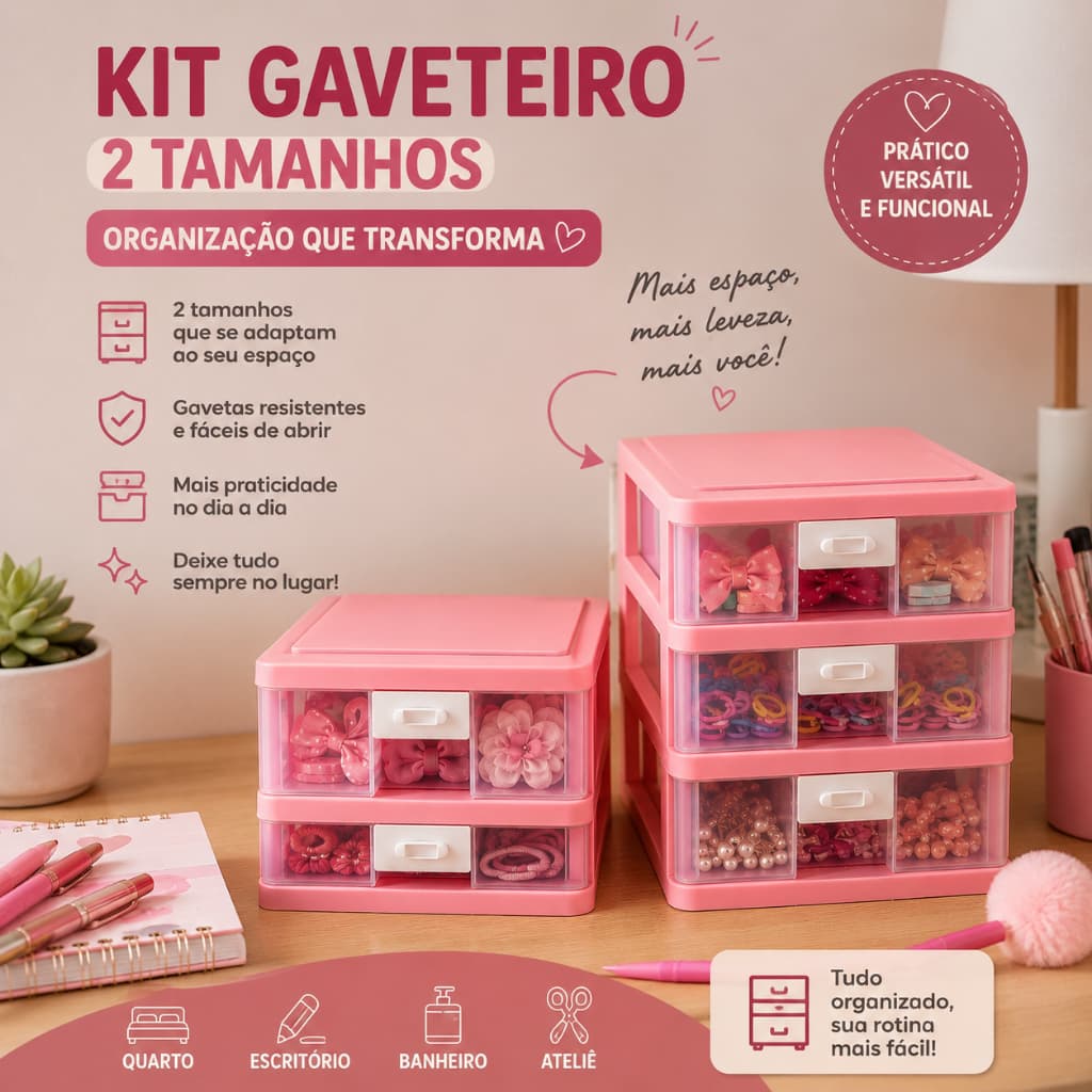 Kit Gaveteiro Organizador Plástico Duplo + Triplo Plasnorthon com Trava para Casa Escritório Quarto e Organização