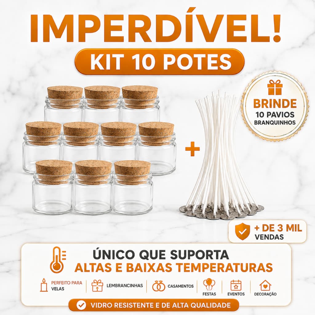 10 Potes P/ Vela C/ Rolha + 10 Pavios P/ Vela Charmoso