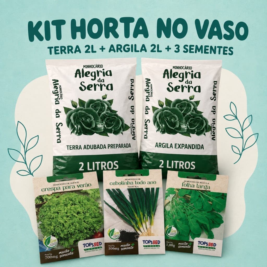Kit Horta no Vaso com Terra Adubada 2L + Argila 2L + 3 Sementes Alface Cebolinha e Rúcula