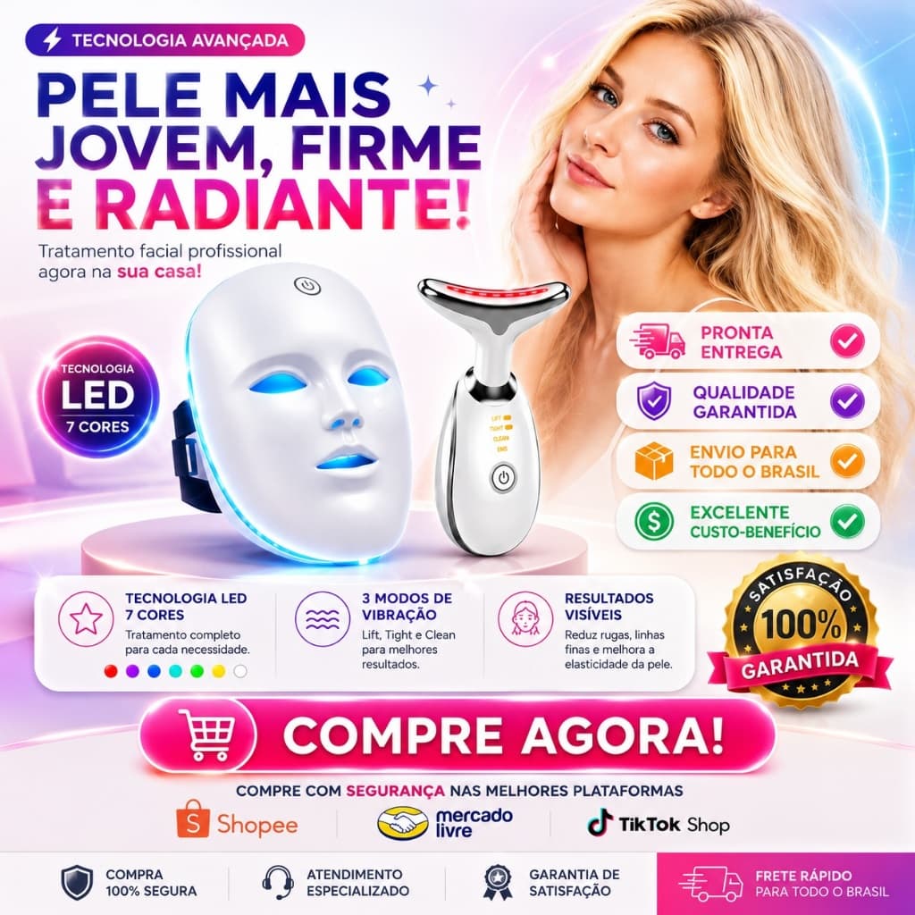 Kit Máscara Facial Led 7 Cores + Massageador Facial Led Skincare Fototerapia Promoção