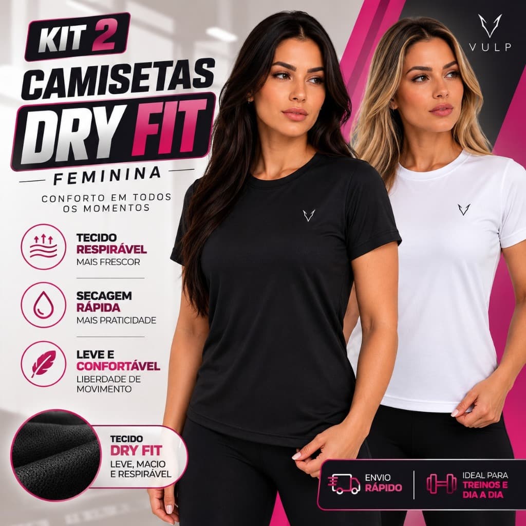 Kit 2 Camiseta Dry Fit Feminina Original Respirável Confortável Ideal Para Treinos Academia