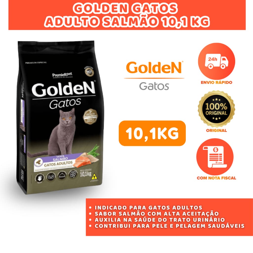 RAÇÃO PARA GATOS ADULTOS GOLDEN SALMÃO 10,1KG SAÚDE E ENERGIA DIÁRIA