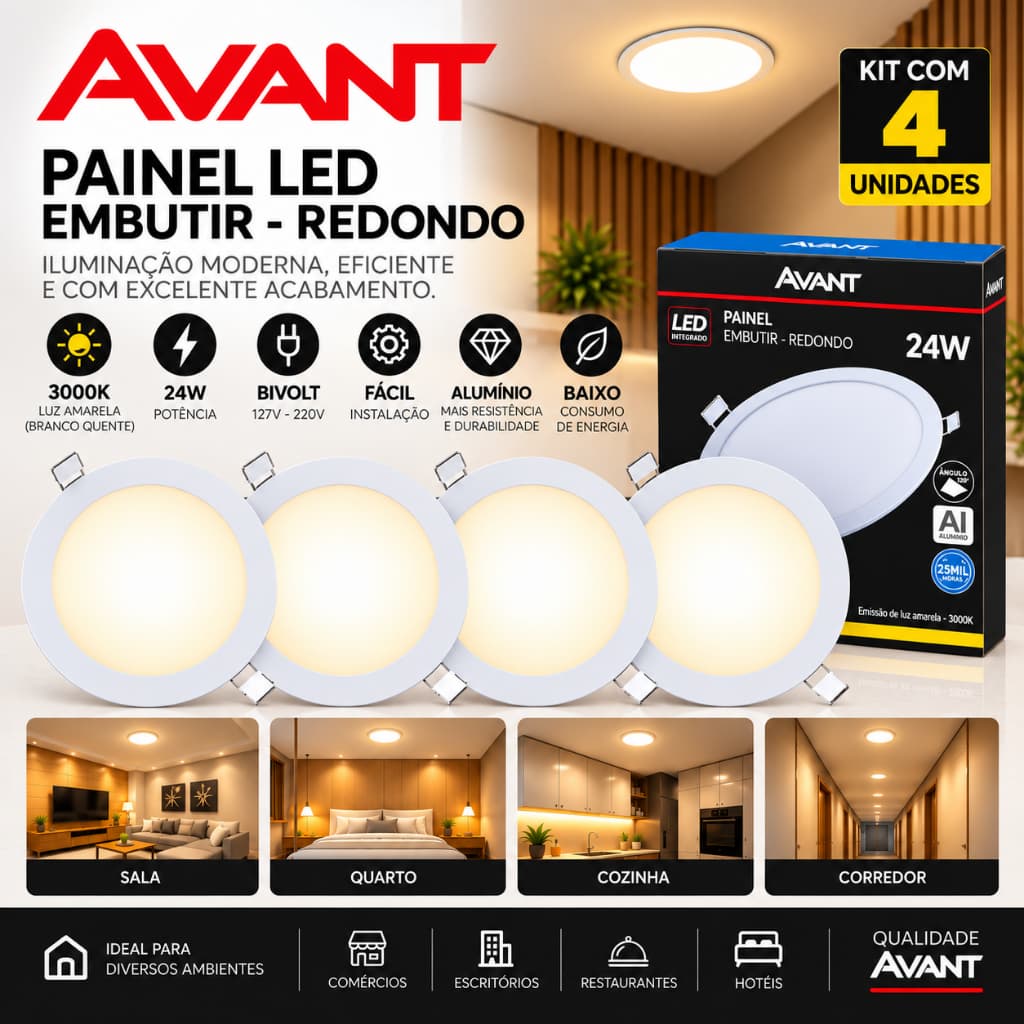 Kit 4 Painel Avant Pop Embutir Redondo 24w 3000k