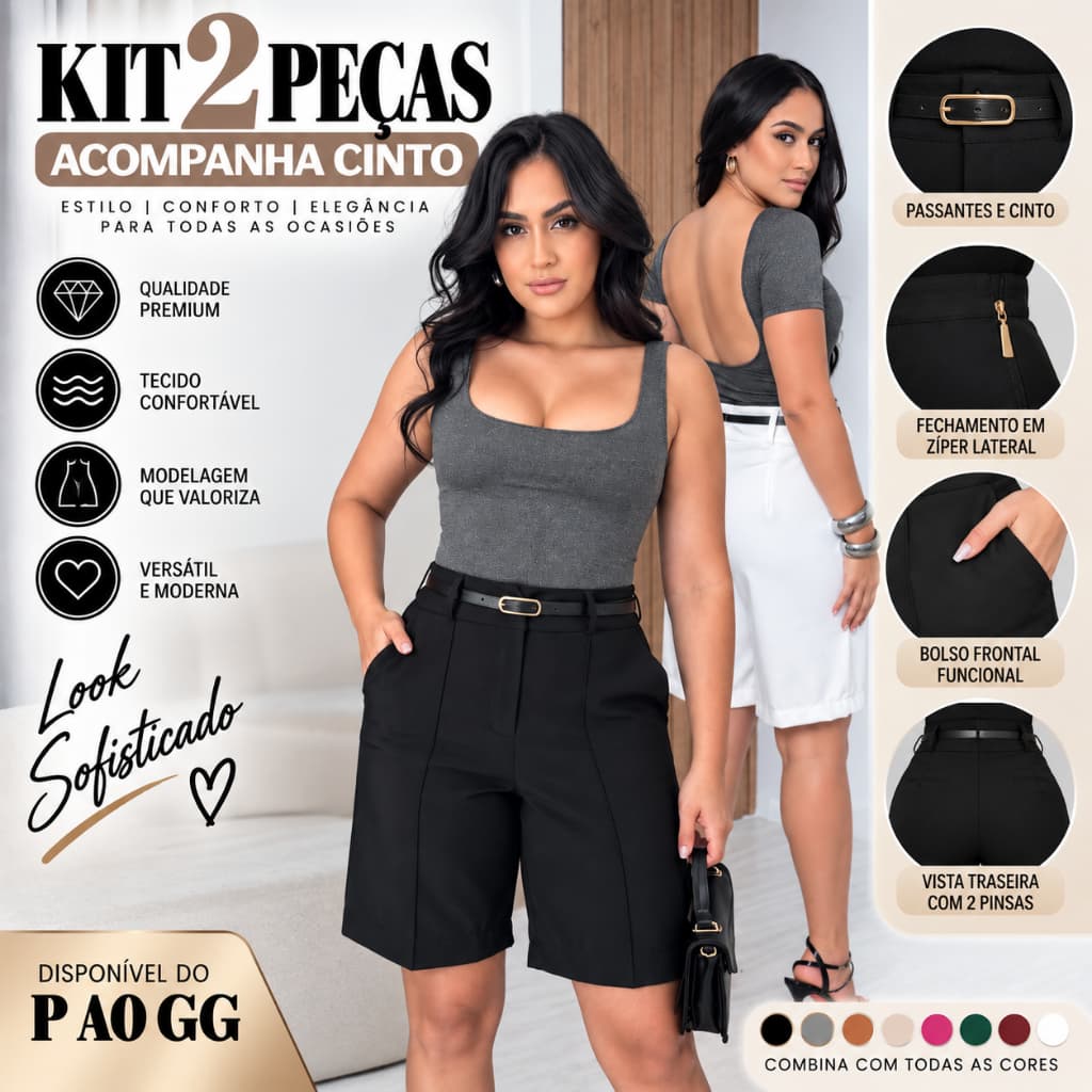 Kit 2 Short Bermudas Feminina Alfaiataria Social ACOMPANHA CINTO