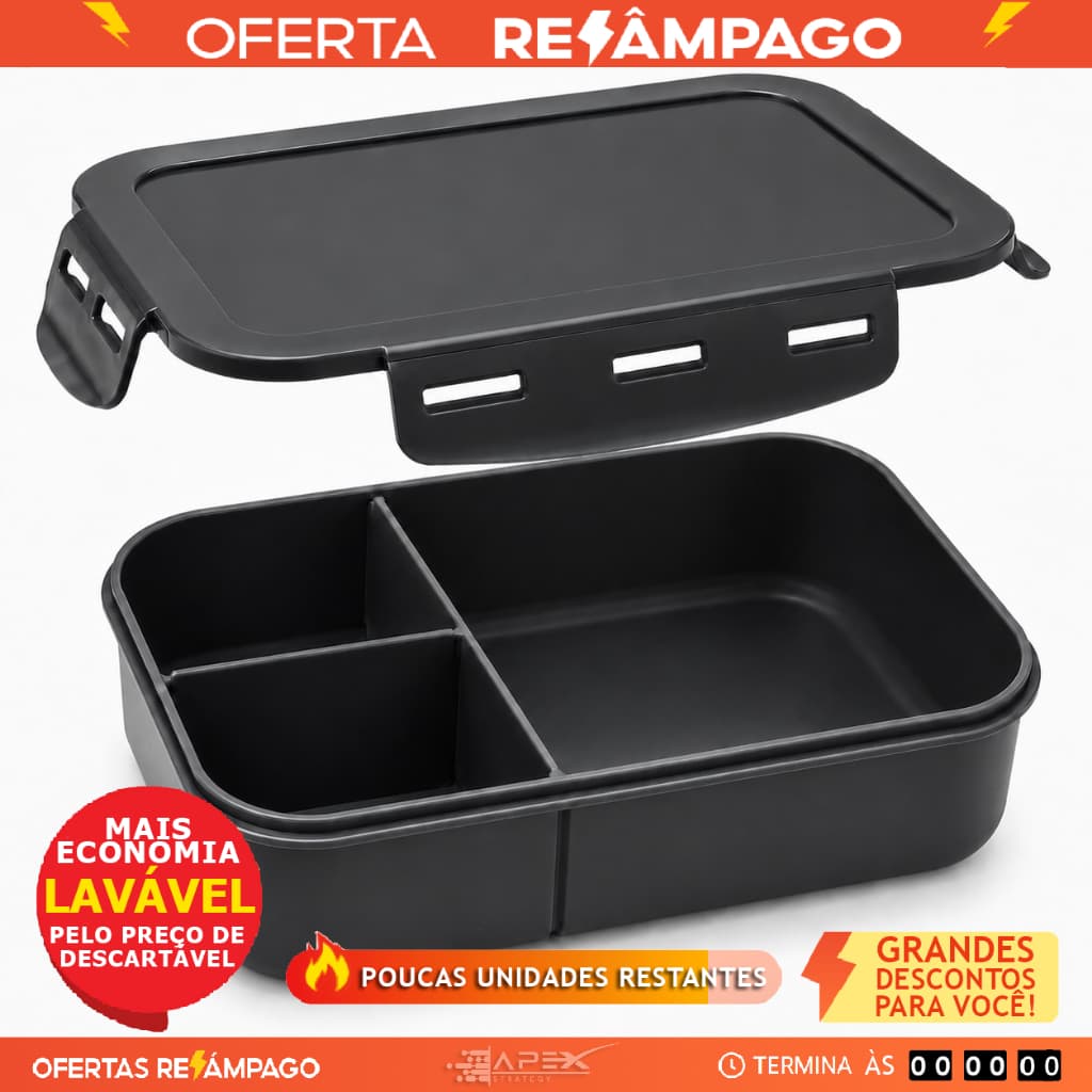 Marmita Hermética Azul 1250ml 3 Divisórias BPA Free Reutilizavel Freezer Microondas Lava Louças