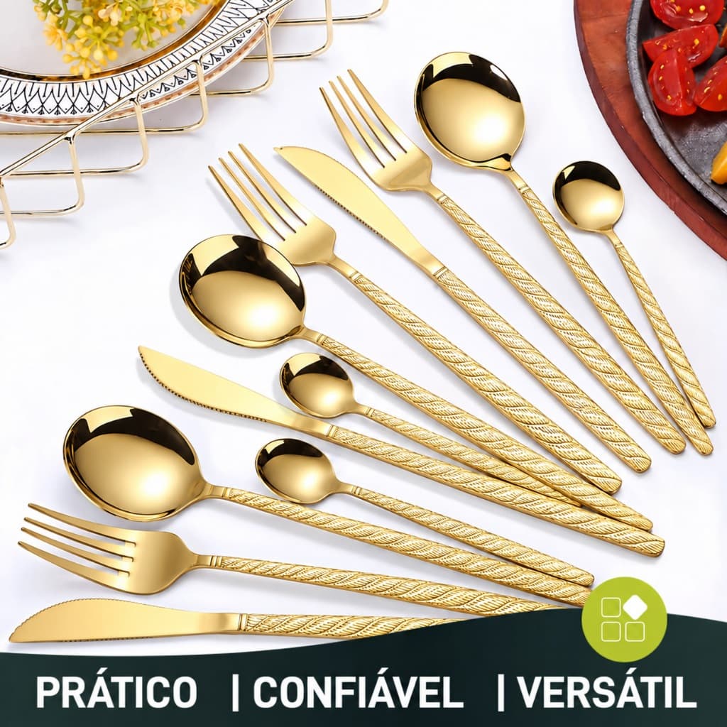 24 Peças Talheres Ouro De Aço Inox Garfo Colher Faca Colher De Mesa