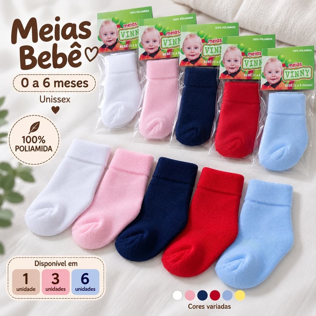 Kit 6 Pares Meia Bebê RN Recém Nascido 100% Poliamida 0 a 6 Meses Enxoval Saída Maternidade
