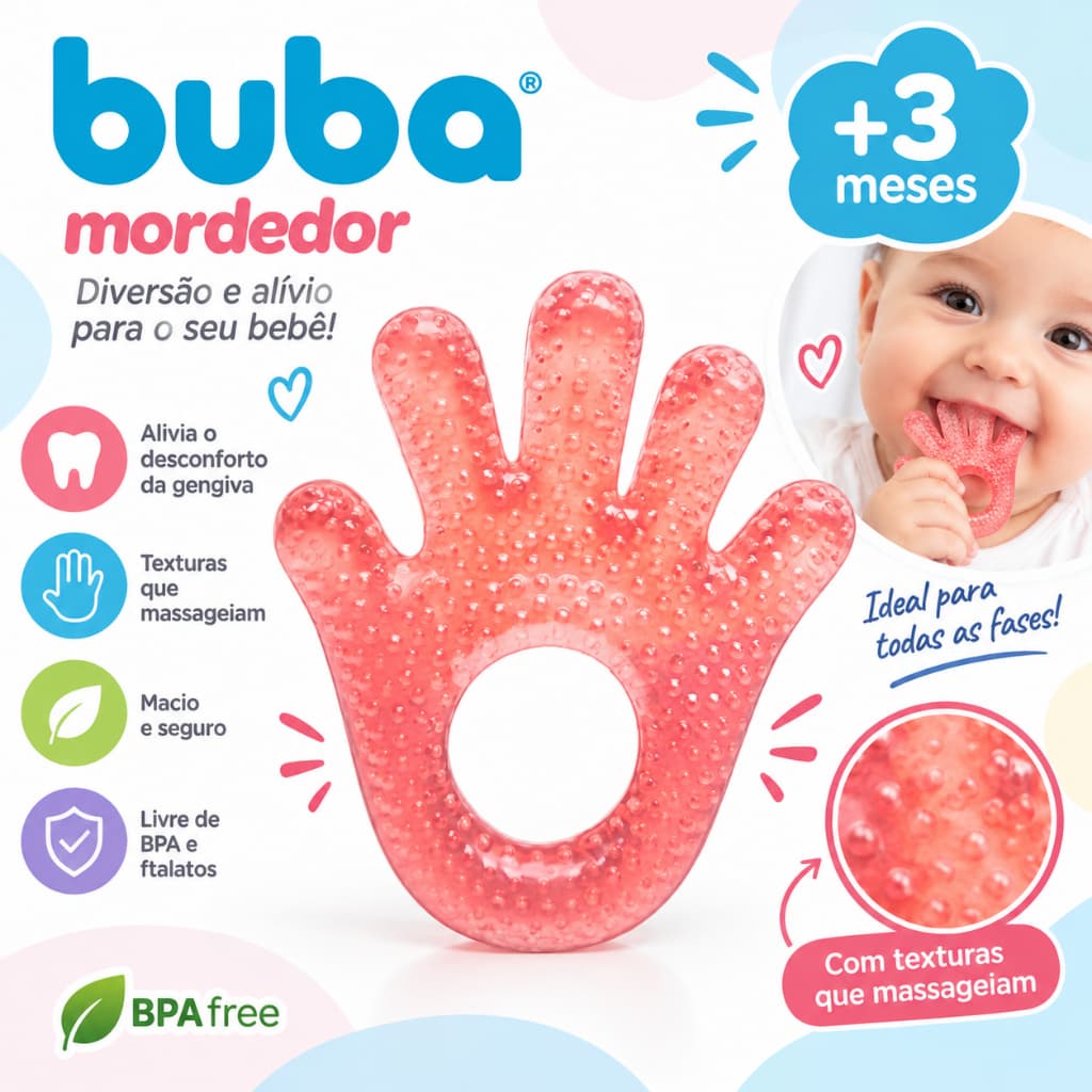 Mordedor Resfriável com Água Buba Vermelho – Alívio para Dentição (Formato Mãozinha)