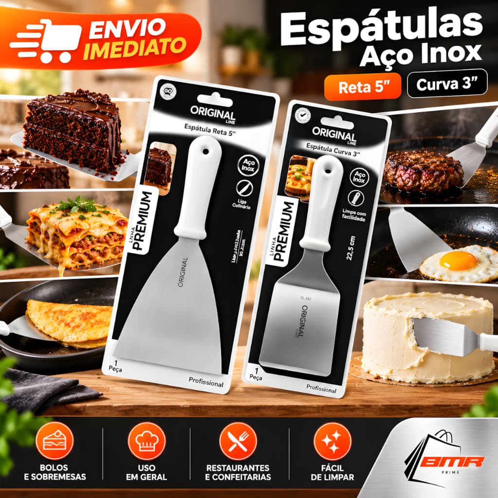 2 Espátulas Em Aço Inox Reta 5" Curva 3" Original Para Cozinha Chapeiro Lanchonete Confeitaria Sobremesas