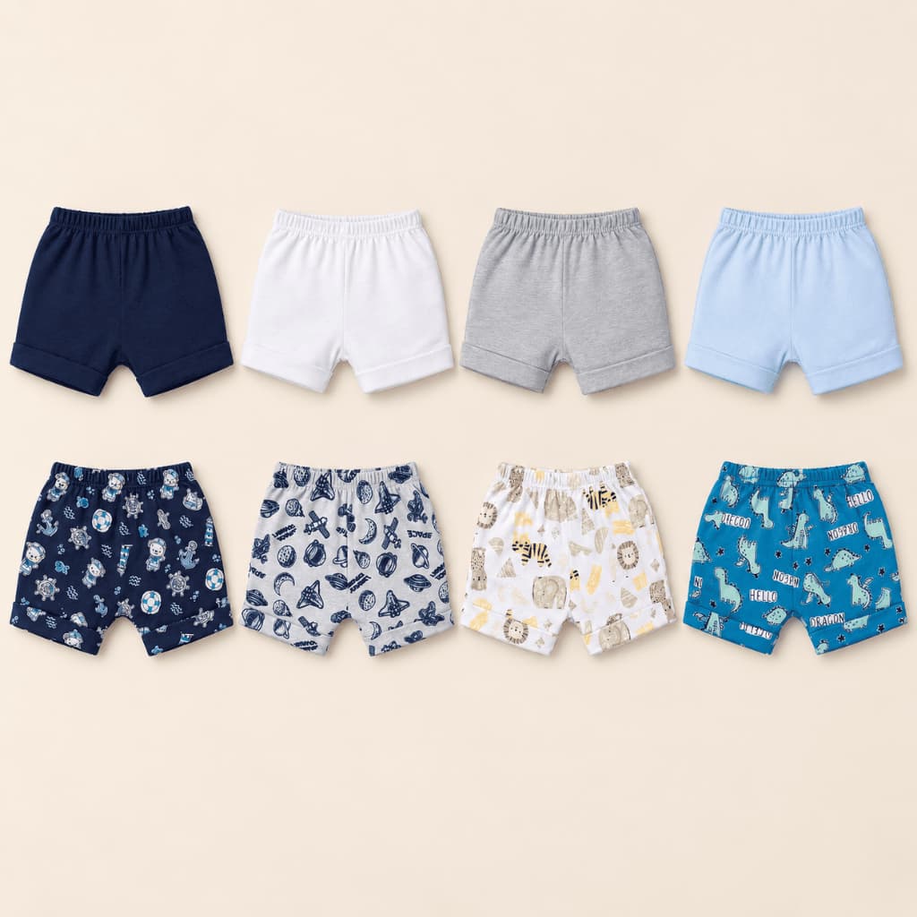 Kit 8 Peças Shorts Bebe Infantil Malha Lisa E Estampado 100% Algodão Menino