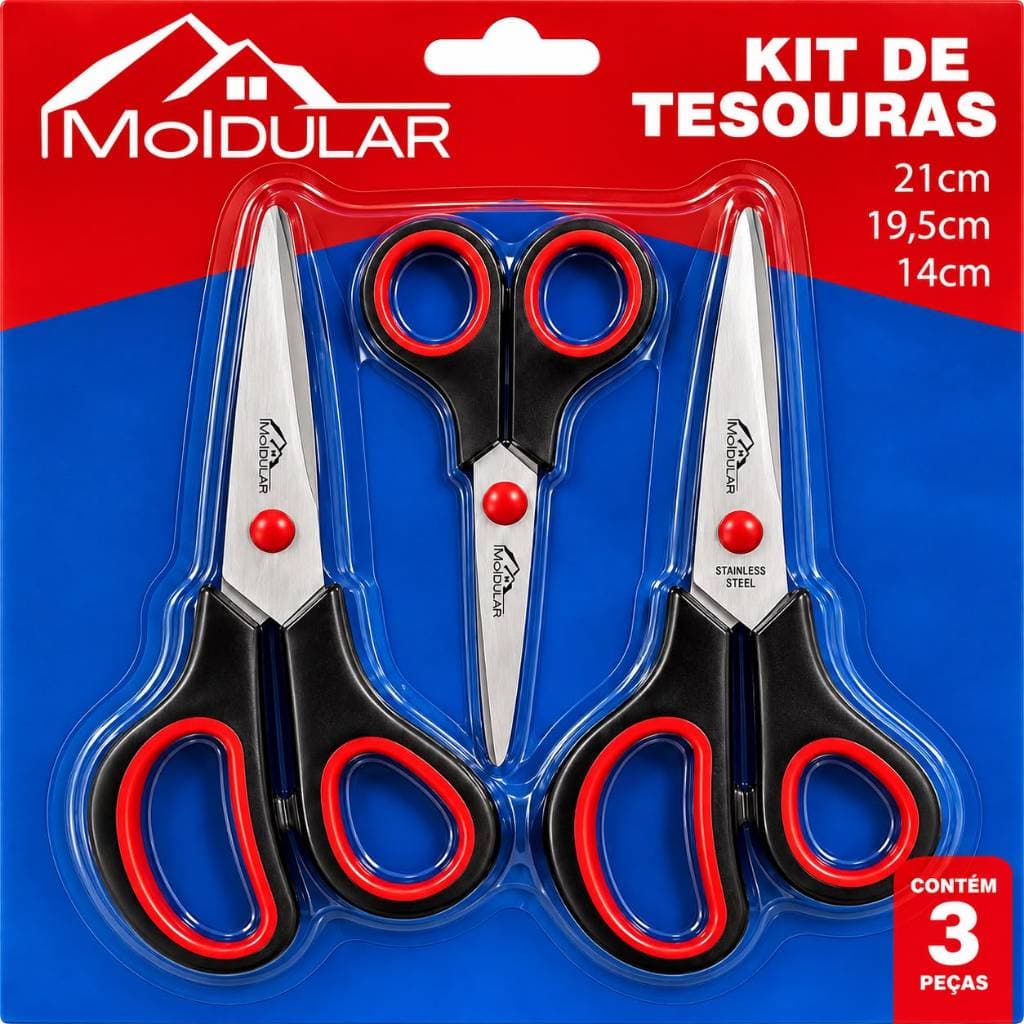 Kit 3 Tesouras Multiuso Modular em Aço Inox – Tamanhos 21 cm, 19,5 cm e 14 cm.