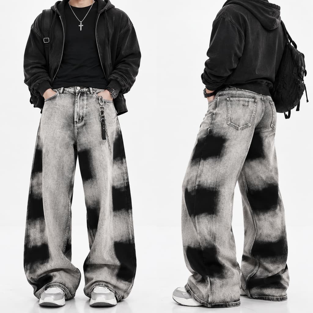 Calça Jeans Masculina Wide Leg Tie‑Dye Algodão Elastano Estilo Streetwear Preto Cinza