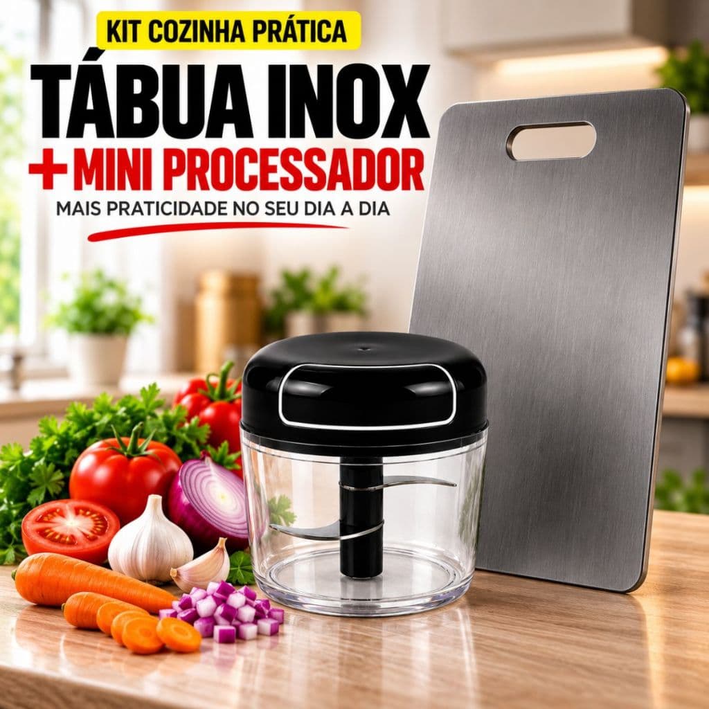 Tábua Cortar Carne Inox + Processador Triturador Alho Cebola Kit Cozinha