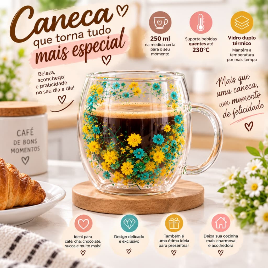 Caneca De Flores Camelia Borossilicato Xícara Parede Dupla 250ml