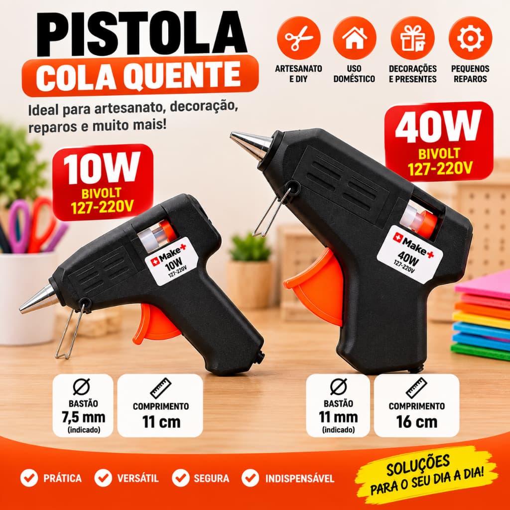 Pistola de Cola Quente 10W 40W Bivolt Artesanato Alta Aderência Para Madeira Papel Plástico e Tecido