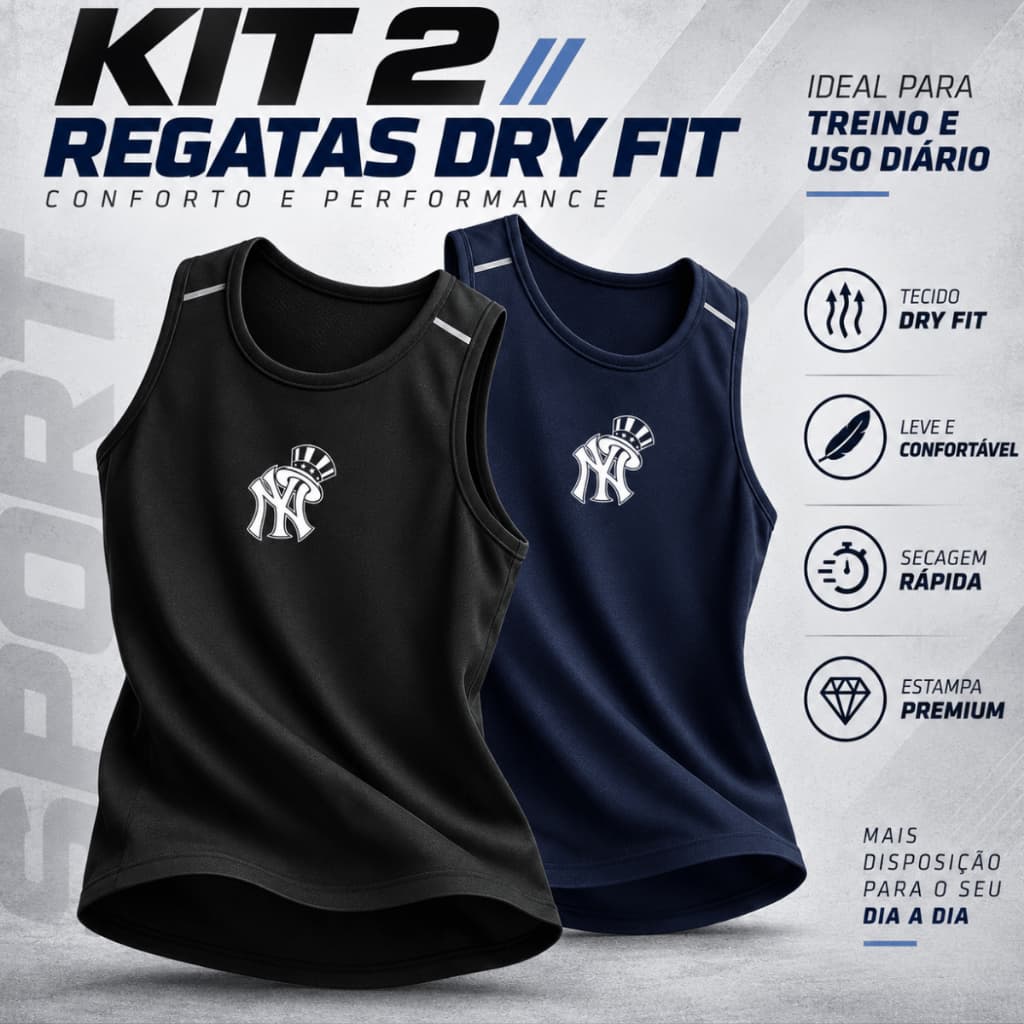 Kit 2 Regata Dry Fit Masculina New York Academia Treino Corrida Esportiva Adulto Musculação