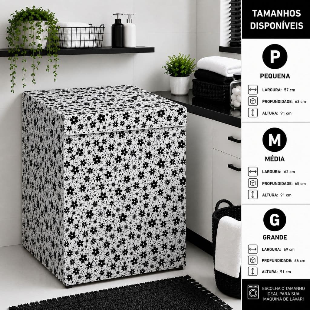 Capa Máquina Lavar Roupa Tam. P M G, Vinil, Estampada Preta e Branca, Tampa Fixa, Todas as Marcas
