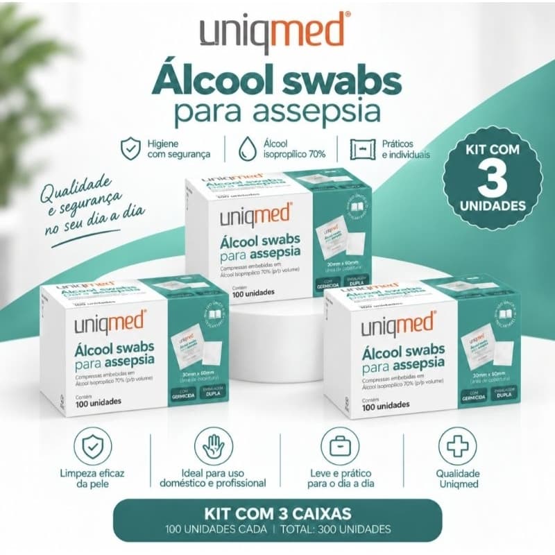 Álcool Swab 70% Saches Lenços Umedecidos Uniqmed 300 unidades (3 CX)