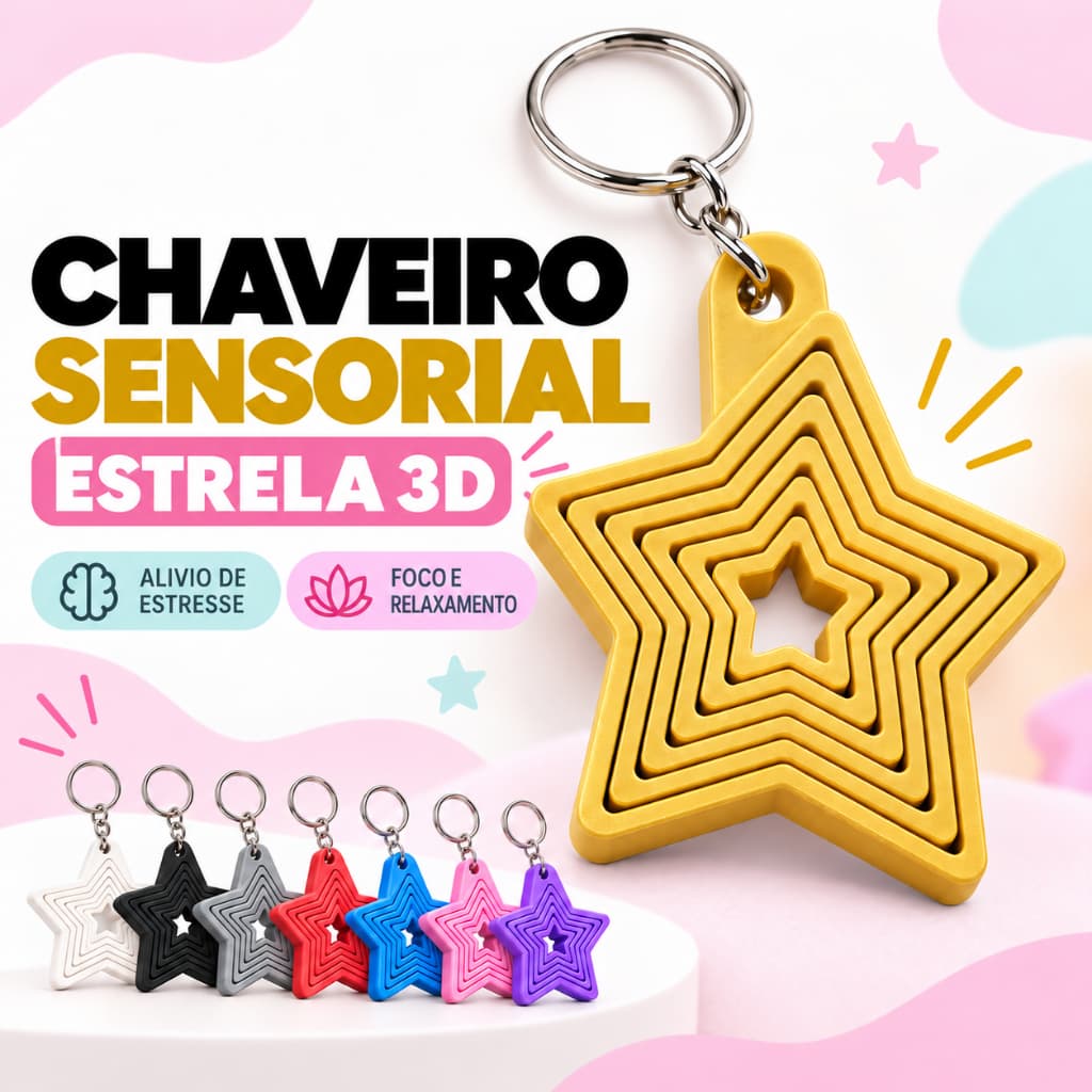 Chaveiro Sensorial Estrela 3D Antiestresse | Fidget de Bolso | Impressão 3D