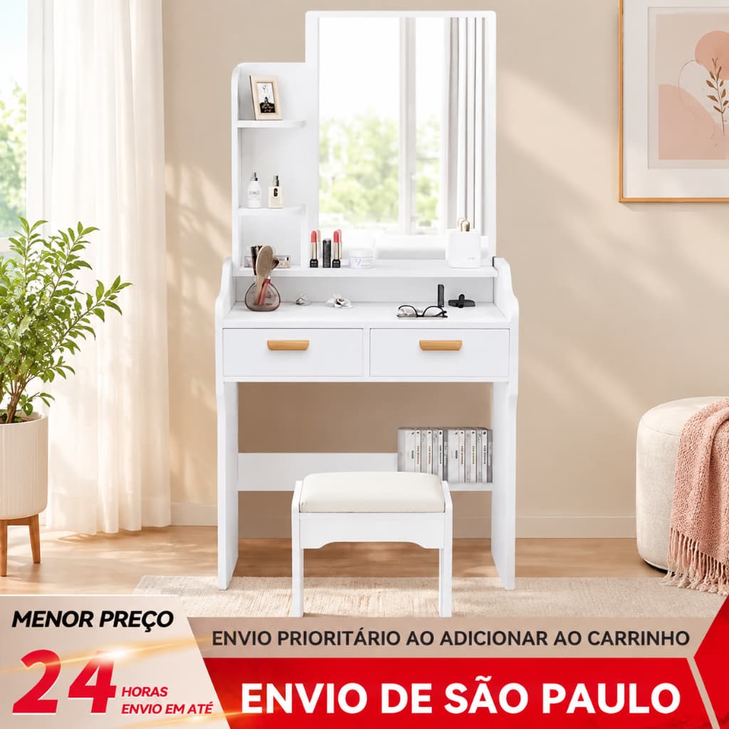 BAIERDI Penteadeira Camarim 60cm Branca com Espelho HD, 2 Gavetas e Banqueta Inclusa para Quarto