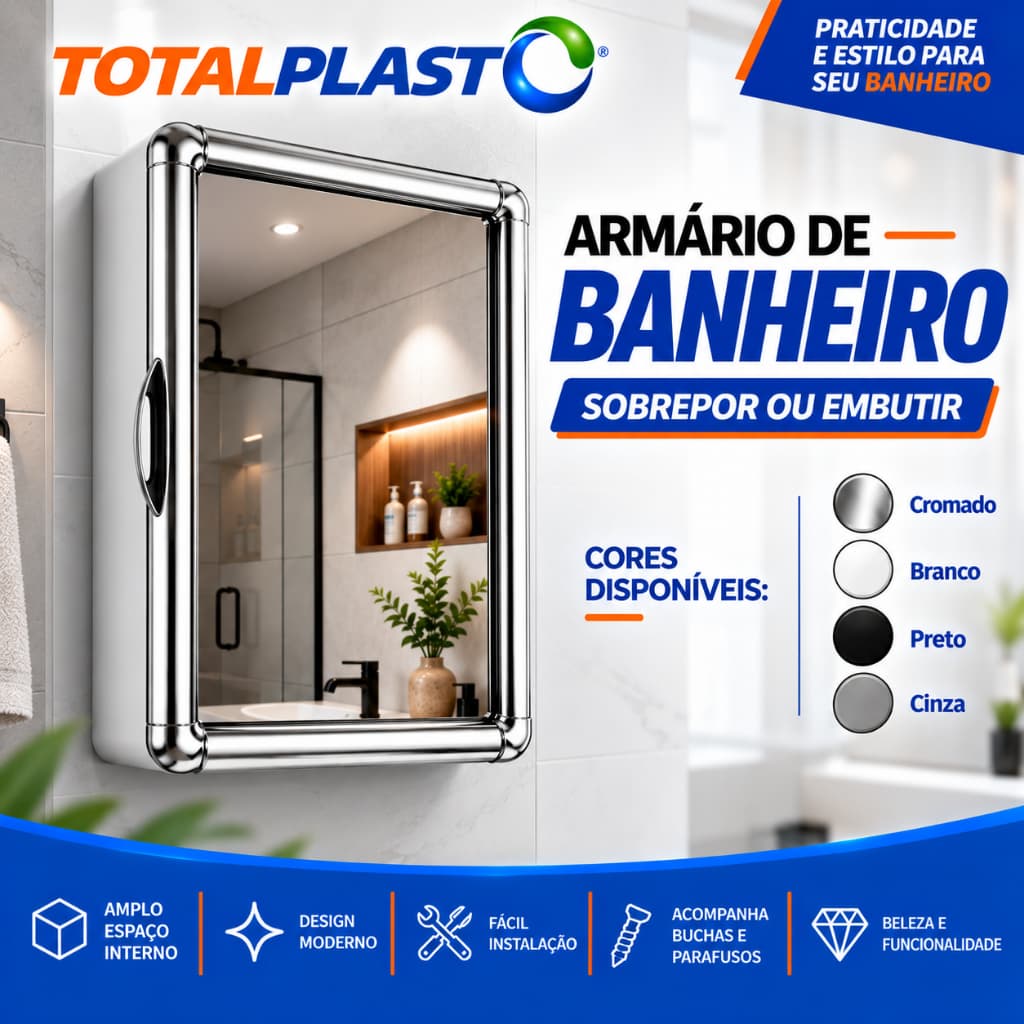 Armário Plástico Banheiro Espelho Vidro 2mm Moldura Cromada Branco Preto Sobrepor Embutir Parafusos e Buchas Espelheira