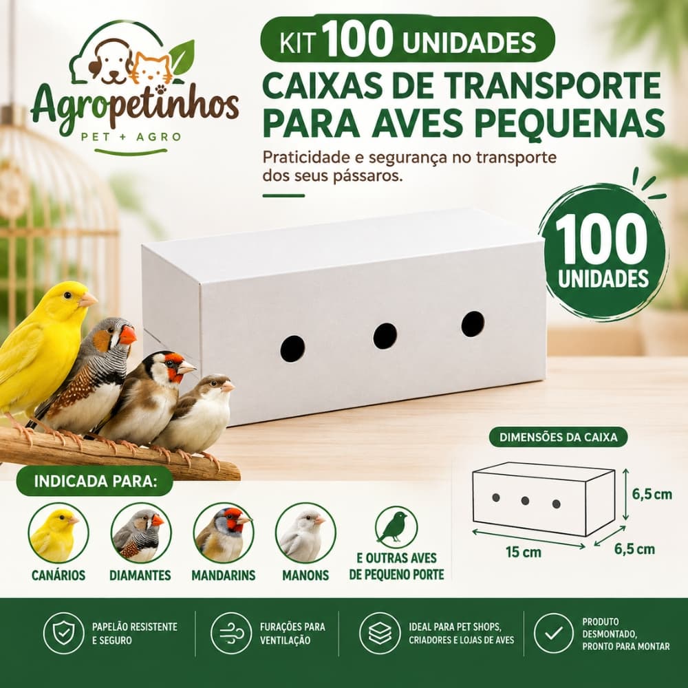 Kit 100 Caixas de Transporte de Papelão para Aves Pequenas Canário Agapornis Pet Shop Criadores Feiras