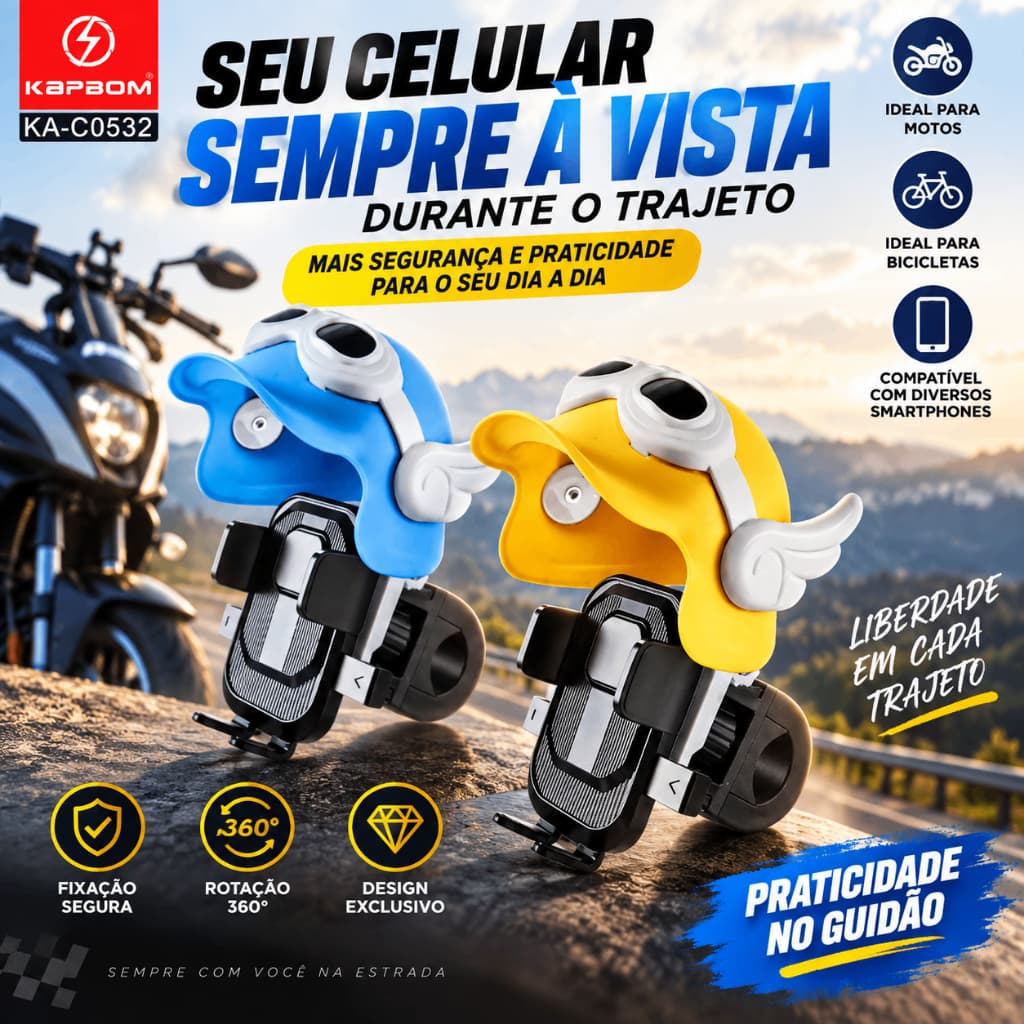 Suporte Celular para Moto e Bicicleta Capacete com Asas 360° GPS 20-32mm
