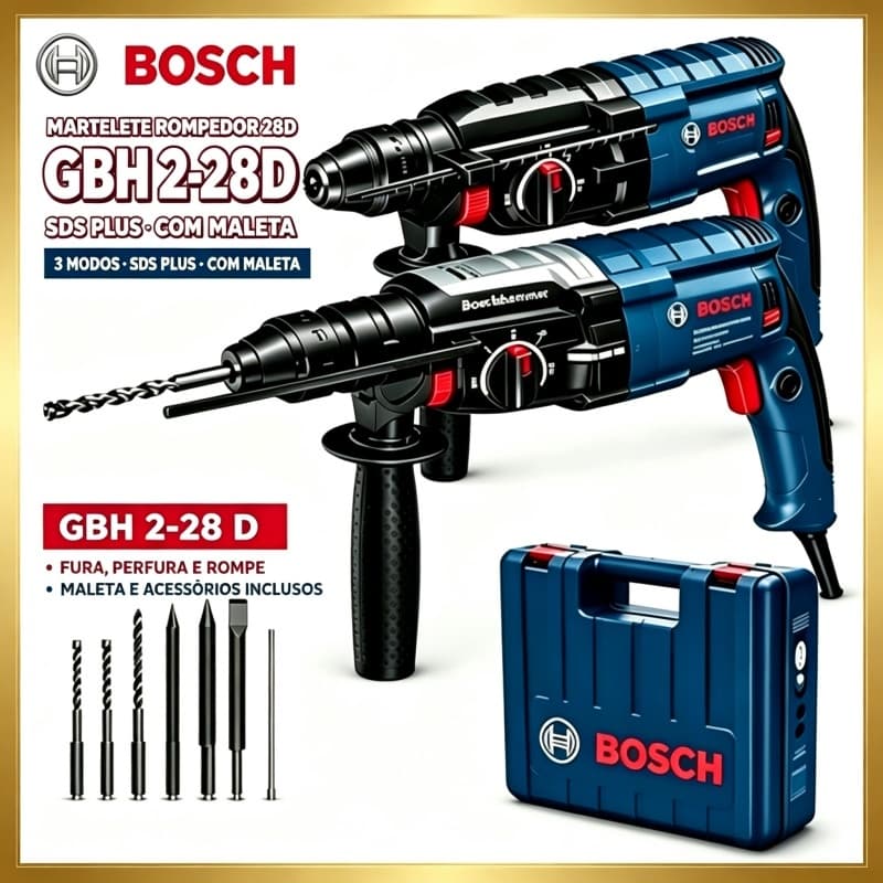 Bosch GBH 2-28D Martelete Furadeira de Impacto Rotativo 5kg Rompedor Demolidor Perfurador 1560w Com Acessorios