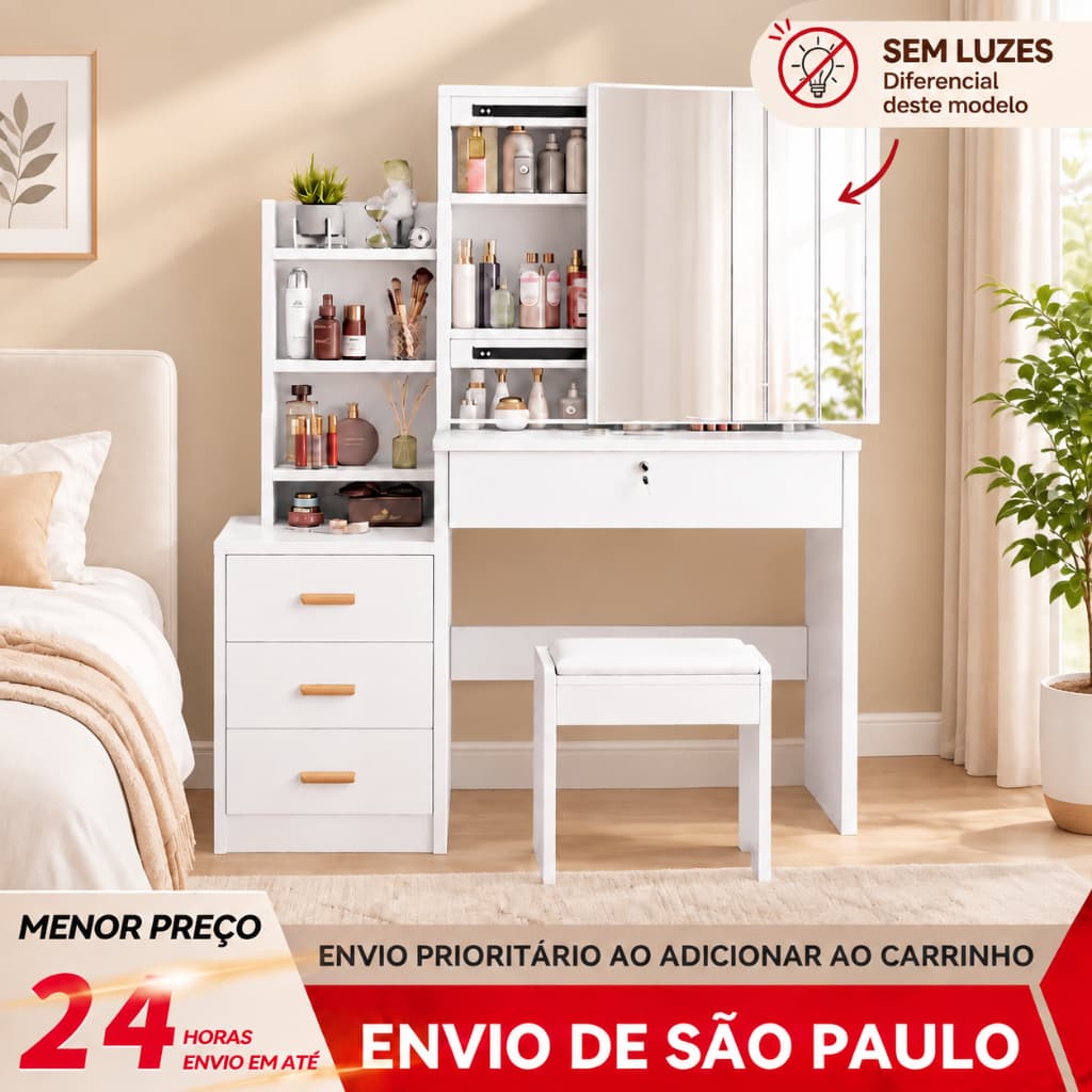 BAIERDI Penteadeira com Espelho HD Deslizante, 3 Gavetas, Armário e Banqueta Branca 80cm