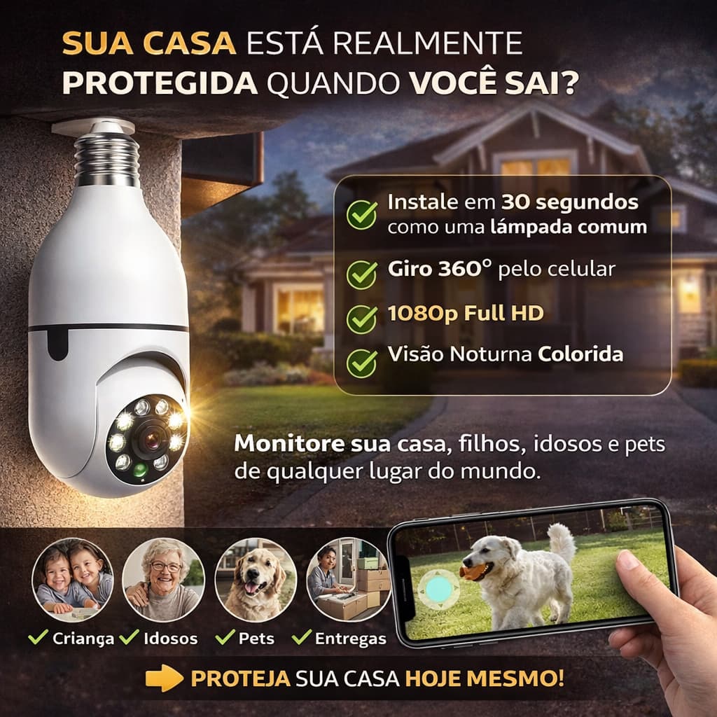 Câmera Lâmpada WiFi 360° Full HD 1080p Visão Noturna Áudio Bivolt