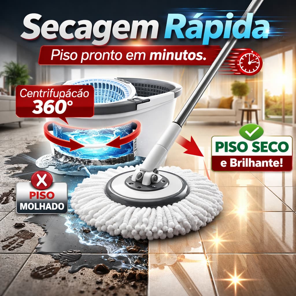 PureMotion Mop™ Giratório com Balde e 2 Refis Branco – Sistema 360° com Rodinhas, Secagem Rápida e Limpeza Sem Esforço
