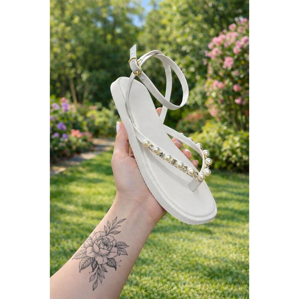 Sandália Rasteira Feminina com Pérolas e Strass – Elegância e Delicadeza  Leve, sofisticada