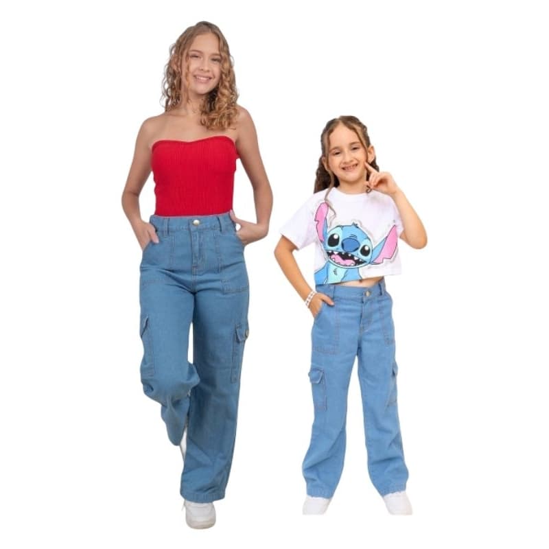 Calça Cargo Jeans Wide Leg Bolsos nas Laterais com Regulador na Cintura