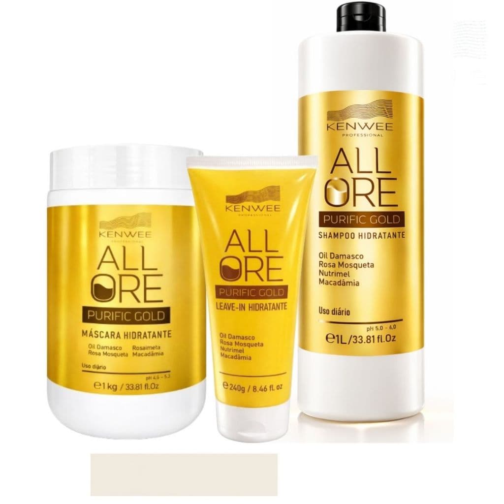 Kit Ritual Dourado c/ Shampoo, Máscara e Leave In All Ore Purific Gold Kenwee Profissional