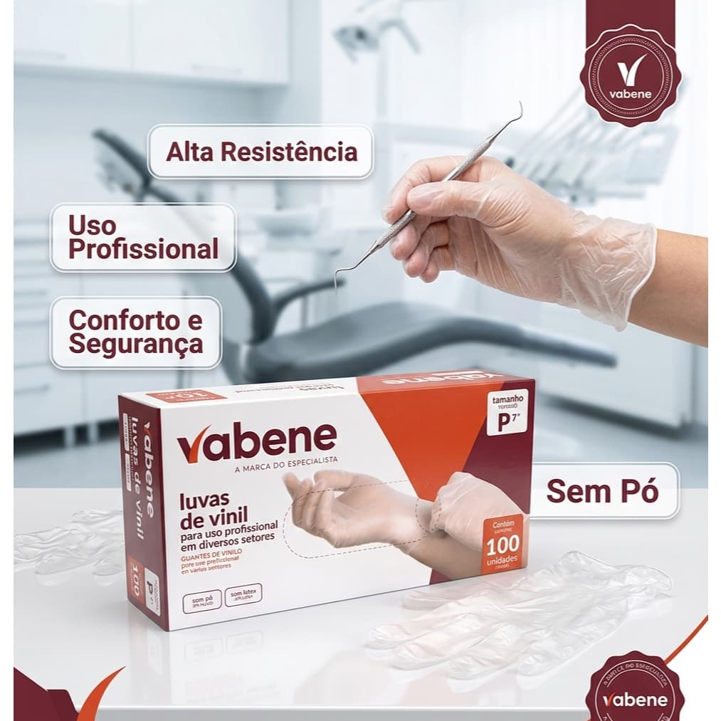 • Luvas Descartáveis Vabene Vinil Profissional 100 Unid Conforto Resistência Proteção Uso Diversific