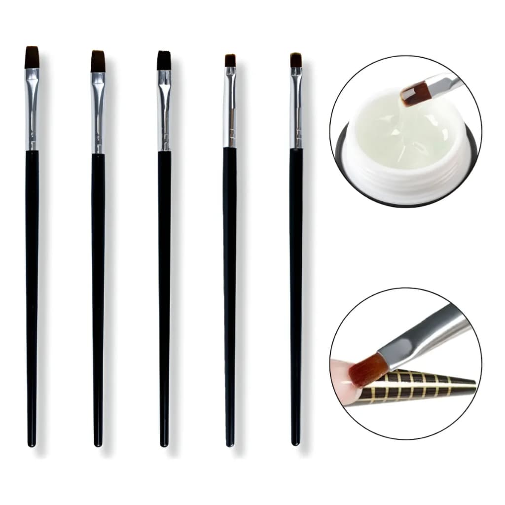 Kit 5 Pincéis Cerdas Retas Para Modelagem Alongamento Unhas Preto