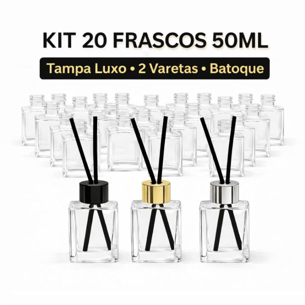 Kit 20 Frascos de Vidro para Aromatizador Cubo Tampa Luxo 50ml com Varetas - Lembrancinha - Difusor