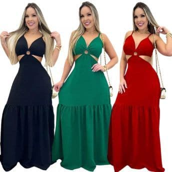 Vestido Longo Feminino de Argola Decotado Duna Premium Ideal Para Festas y Paia