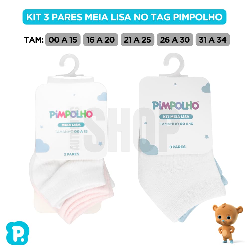 Kit Meia Lisa Menino Menina 3 Pares no Tag Pimpolho