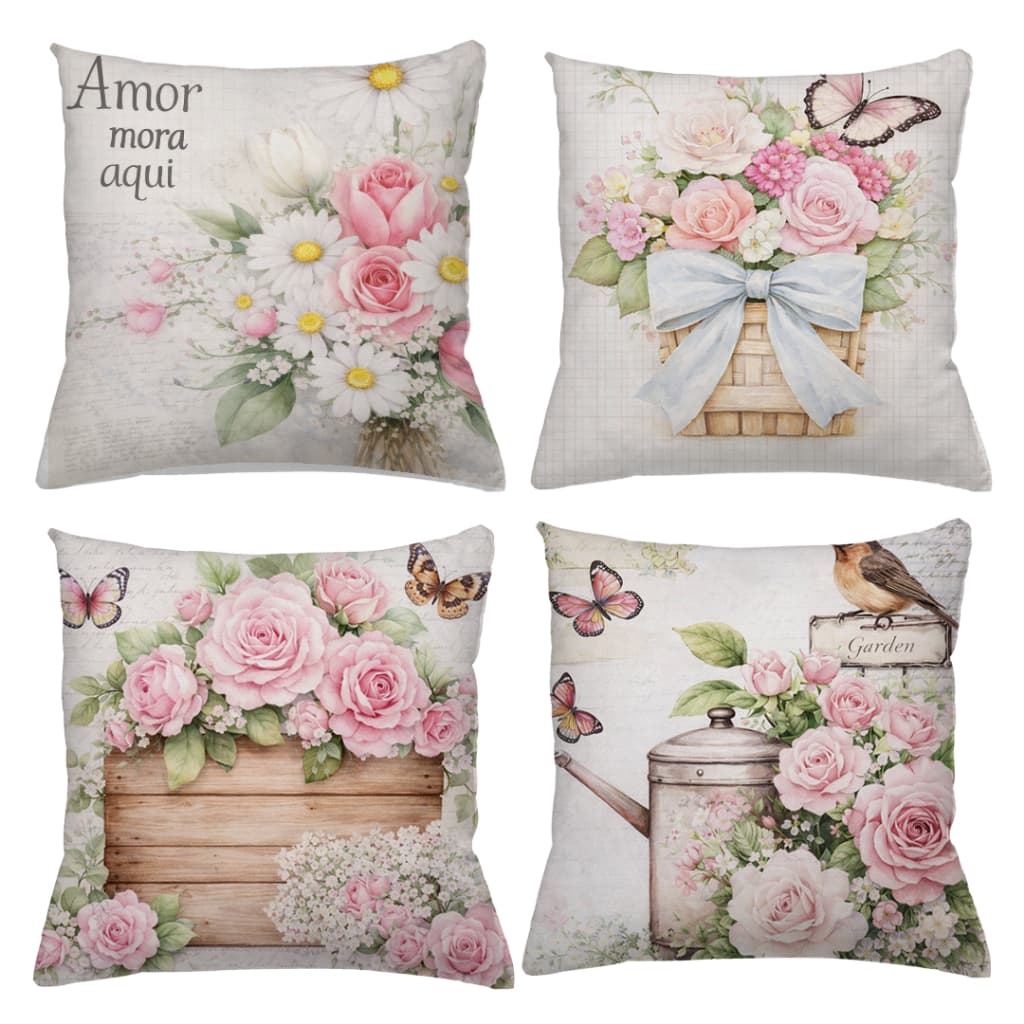 KIT 4 CAPAS DE ALMOFADAS DECORATIVAS FLOR, BORBOLETAS JARDIM ROSA AMOR MORA AQUI - TAMANHO 45X45