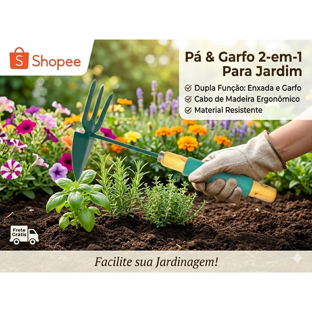 Pá Jardim 2 em 1 Profissional em Metal e Madeira Jardinagem Escavação Plantio Casa Facilidade